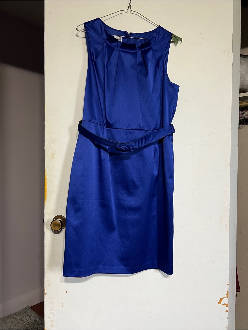 Satin Sleeveless Mini Dress in Royal Blue with Decorative Waist Belt